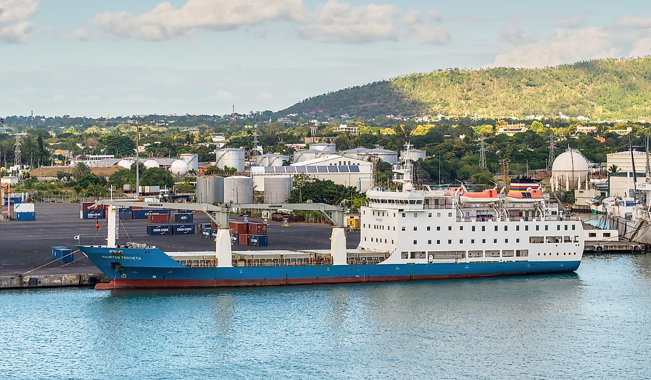 Cargo ship at Trade Port Louis, Mauritius. Editorial credit: byvalet / Shutterstock.com