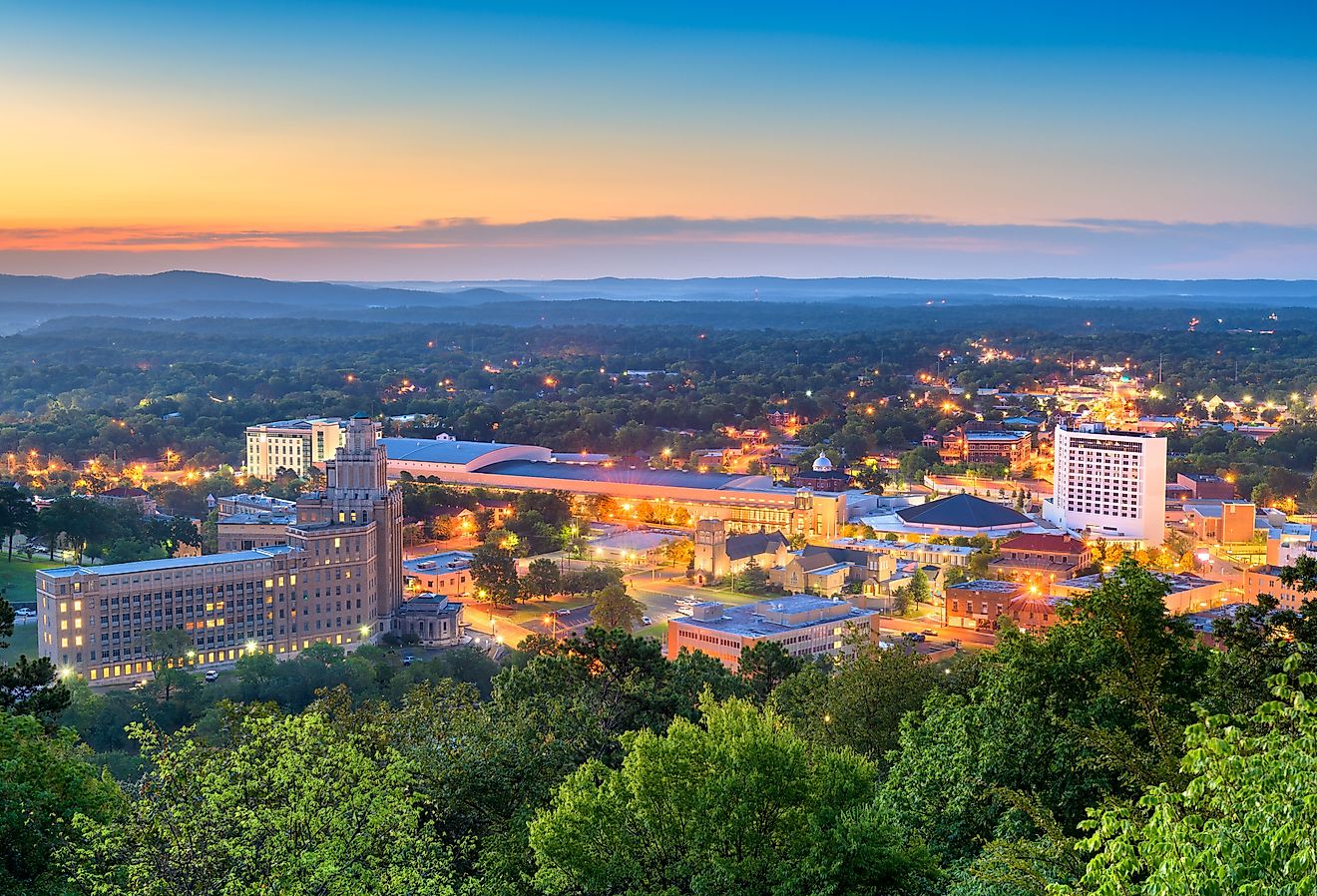 Aerial view of Hot Springs, Arkansas, downtown skyline at dawn.