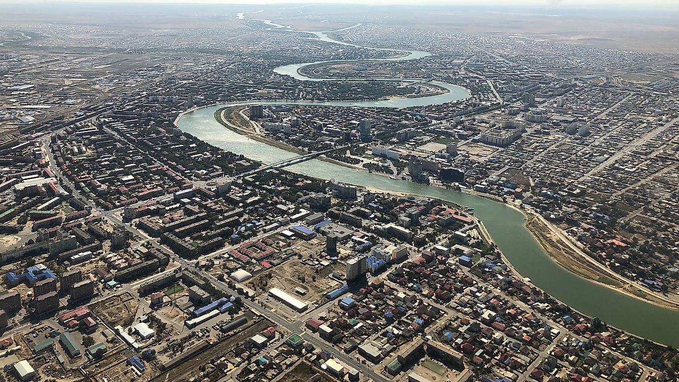 Aerial view of the Ural River at Atyrau, Kazakhstan. 