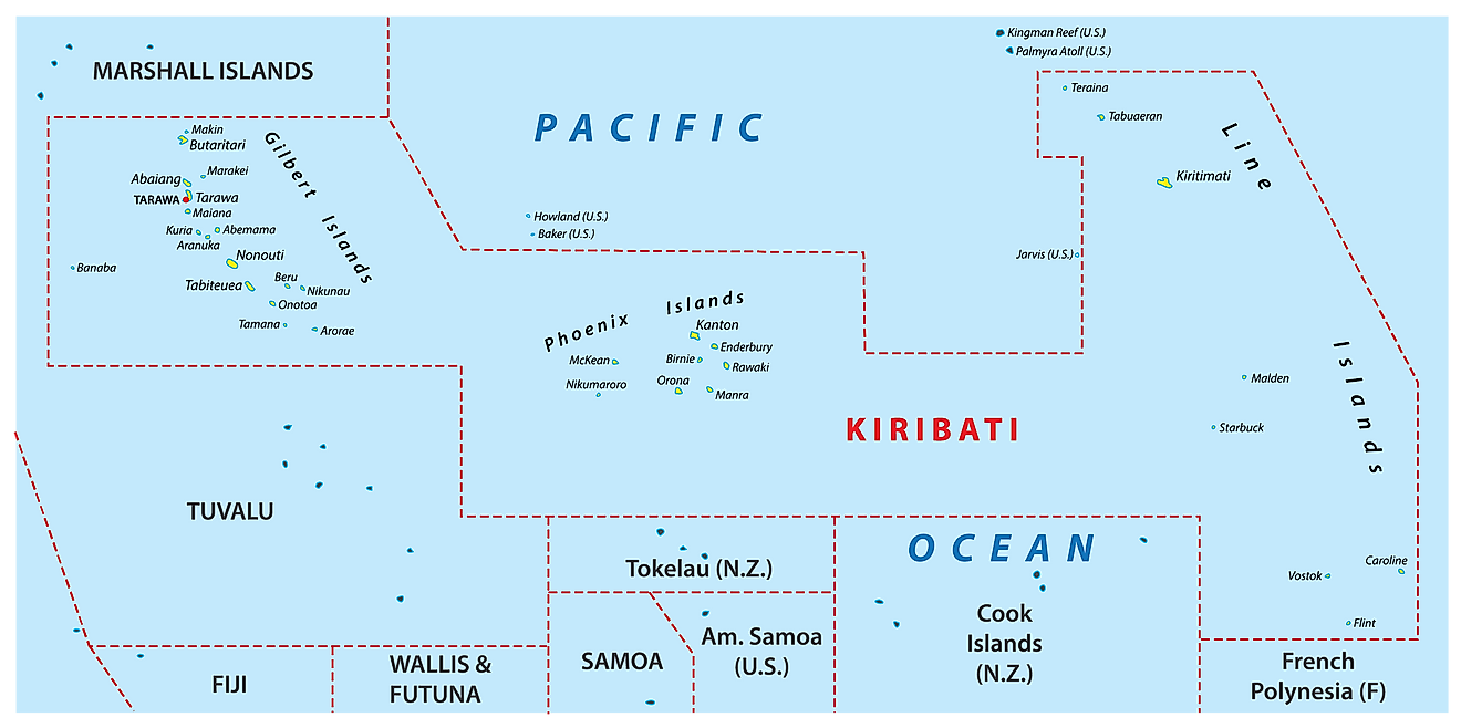 Mapa de Kiribati mostrando sus 3 unidades geográficas