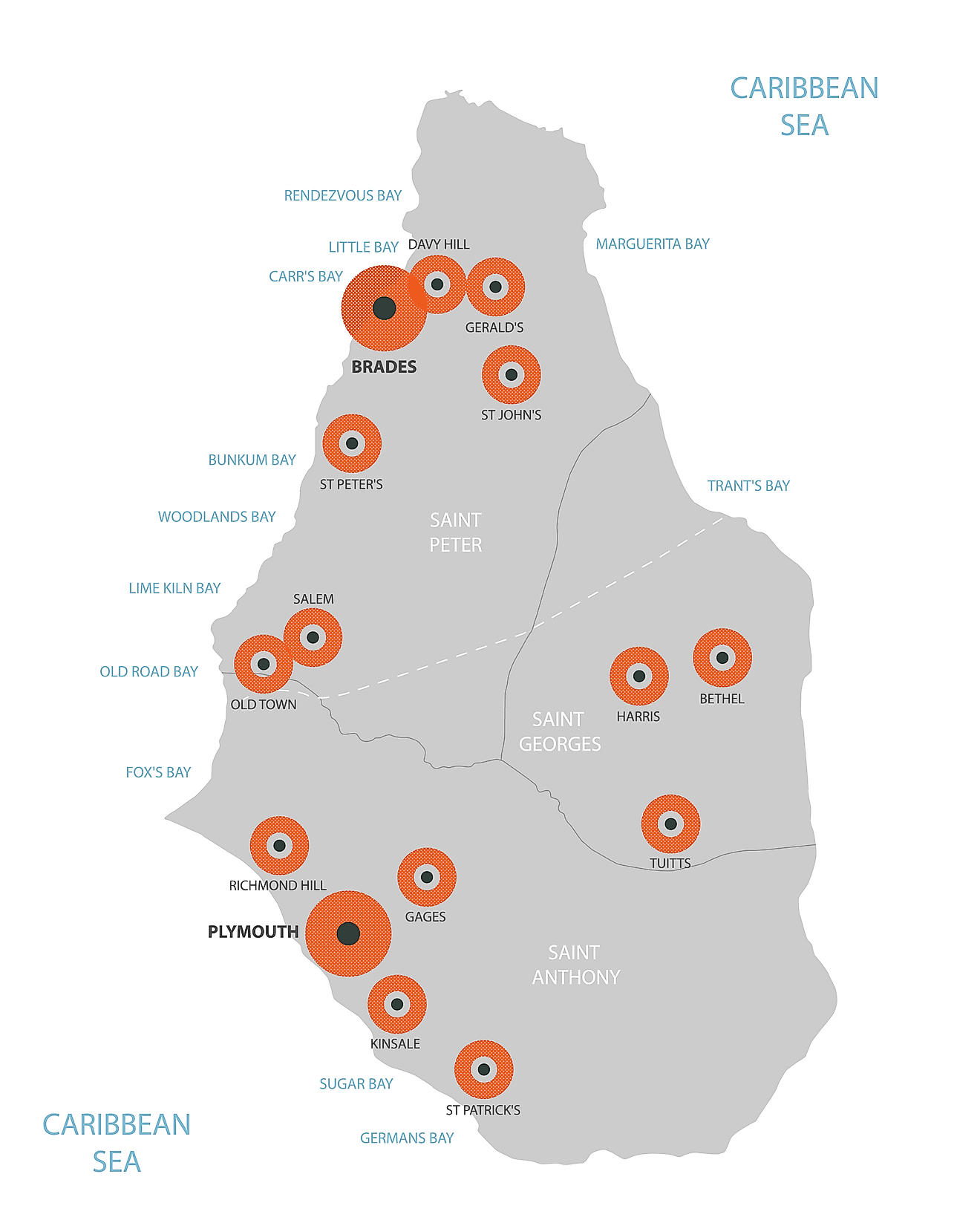 Mapa Político de Montserrat mostrando sus 3 parroquias y la ciudad capital de Brades.