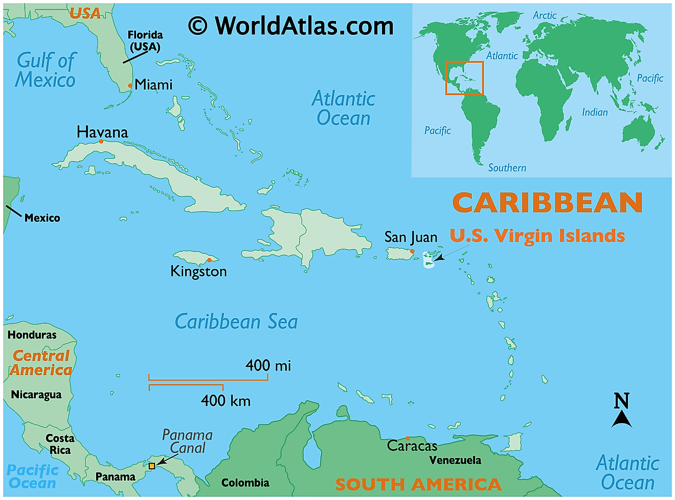 Mapa que muestra la ubicación de las Islas Vírgenes de los Estados Unidos en el mundo.