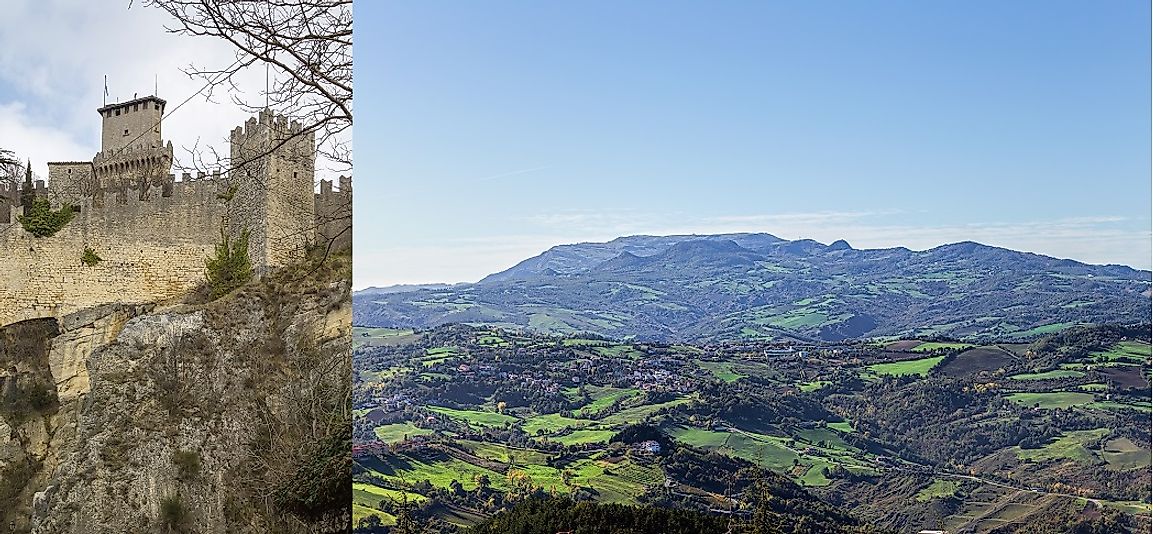 The Fortress of Guaita (left) and Mount Titano rising in the distance (right).