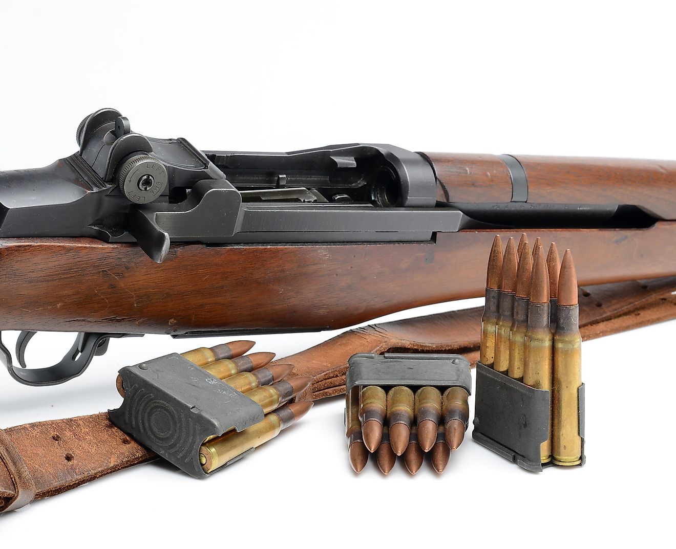World War II M1 Garand Rifle, clips and 30-06 ammunition.