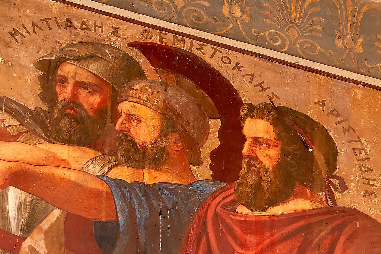 A depiction of Miltiades, alongside Themistocles and Aristides. George E. Koronaios, CC BY-SA 4.0 <https://creativecommons.org/licenses/by-sa/4.0>, via Wikimedia Commons