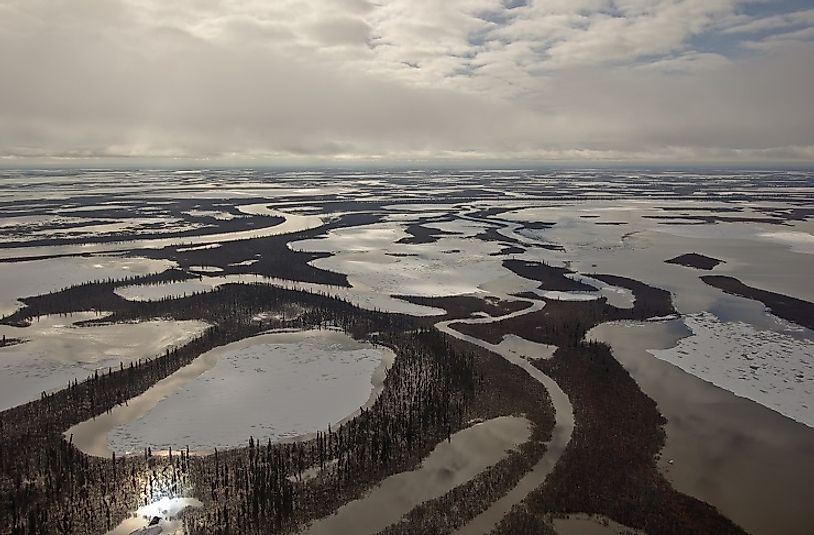 The Mackenzie River Delta with its twists, turns, channels, and outlying frozen pools of water.