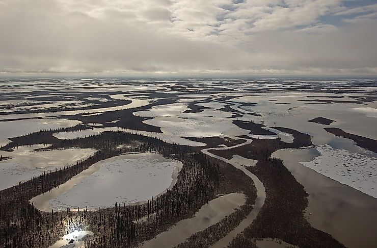 The Mackenzie River Delta with its twists, turns, channels, and outlying frozen pools of water.