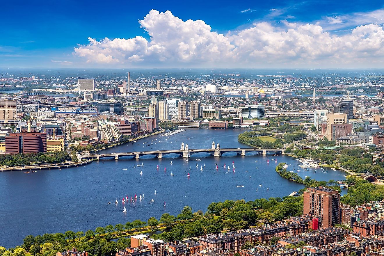 Panoramic aerial view of Boston on the Massachusetts Bay.