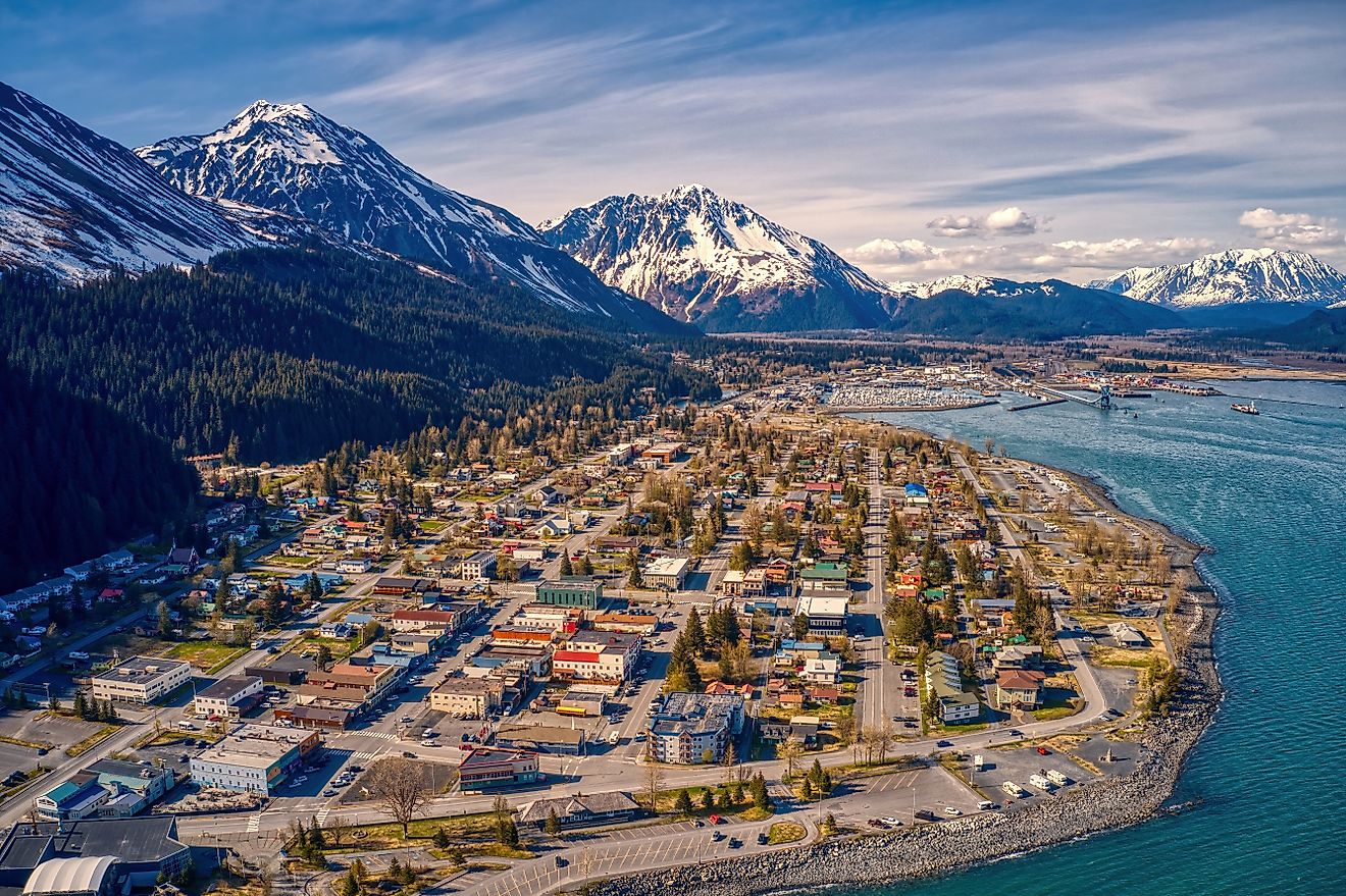 Aerial view of Seward, Alaska, in early summer.