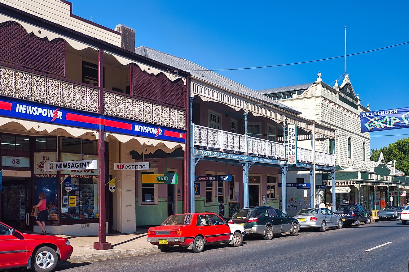 Beautiful facade of buildings in downtown Bellingen, New South Wales, Australia. Image credit: James Davis Photography / Shutterstock.com.