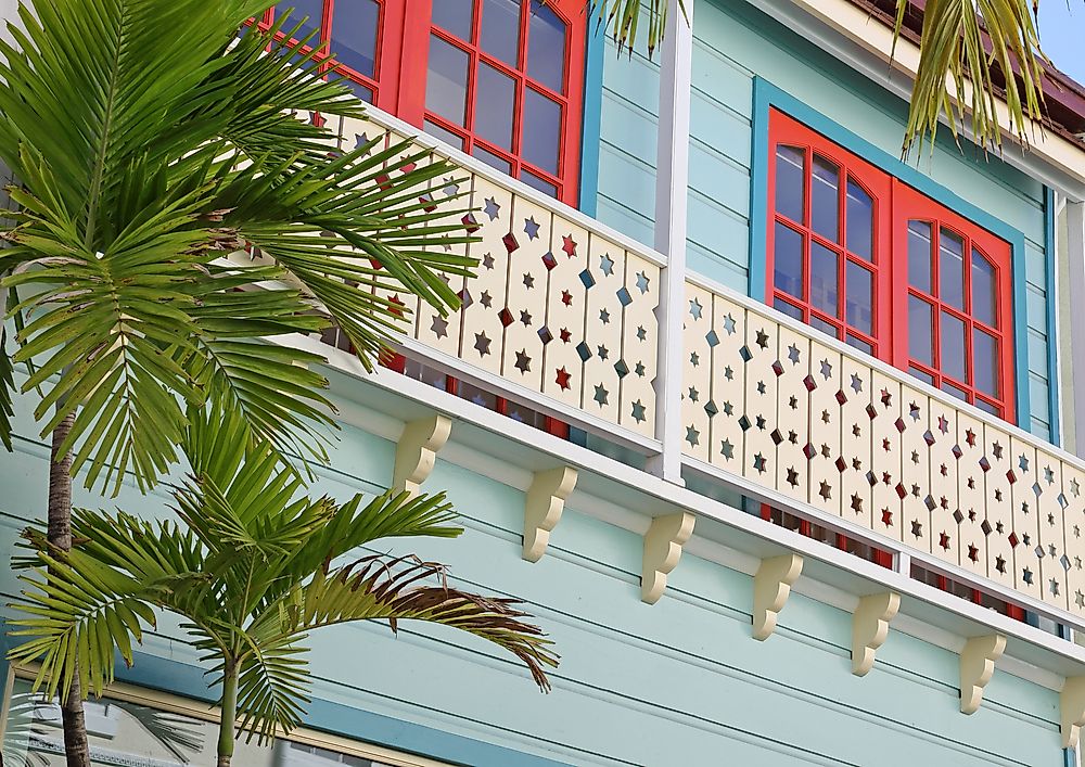 Old buildings on a street in Phillipsburg, Sint Maarten. 