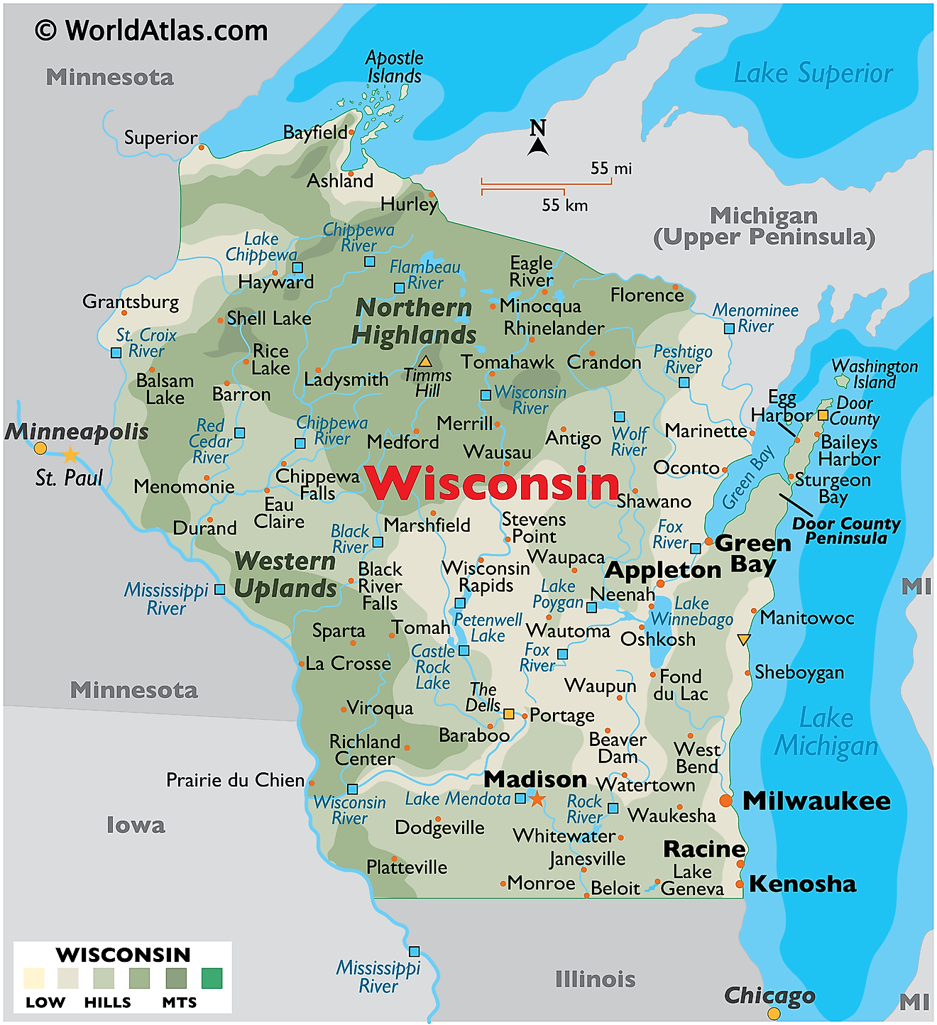 Mapa físico de Wisconsin. Muestra las características físicas de Wisconsin, incluidas sus cadenas montañosas, ríos y lagos principales.