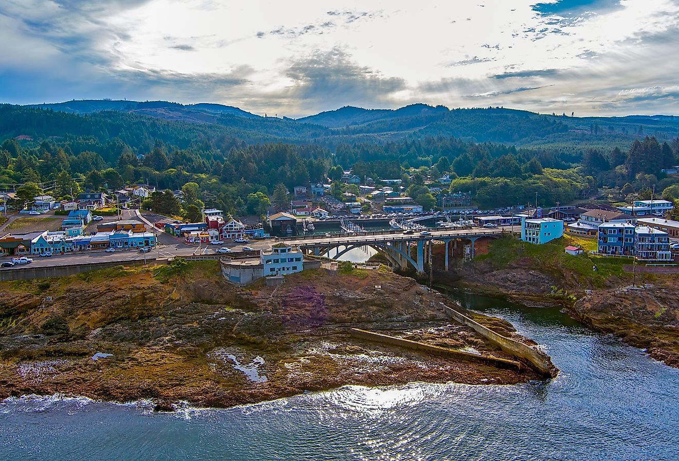 Aerial view of the Depoe Bay, Oregon downtown. Image credit Gchapel via Shutterstock.com
