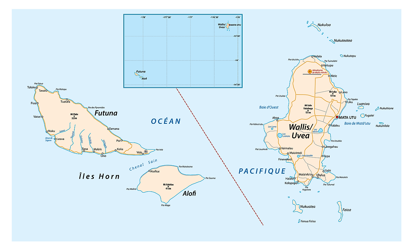 Political Map of Wallis and Futuna Islands showing its 3 precints and capital Mata'Utu