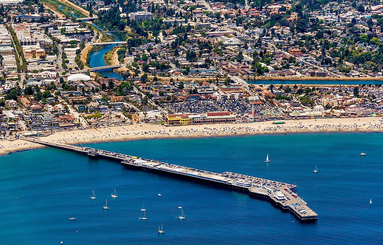 The aerial view of the city of Santa Cruz with its beach in Northern California.