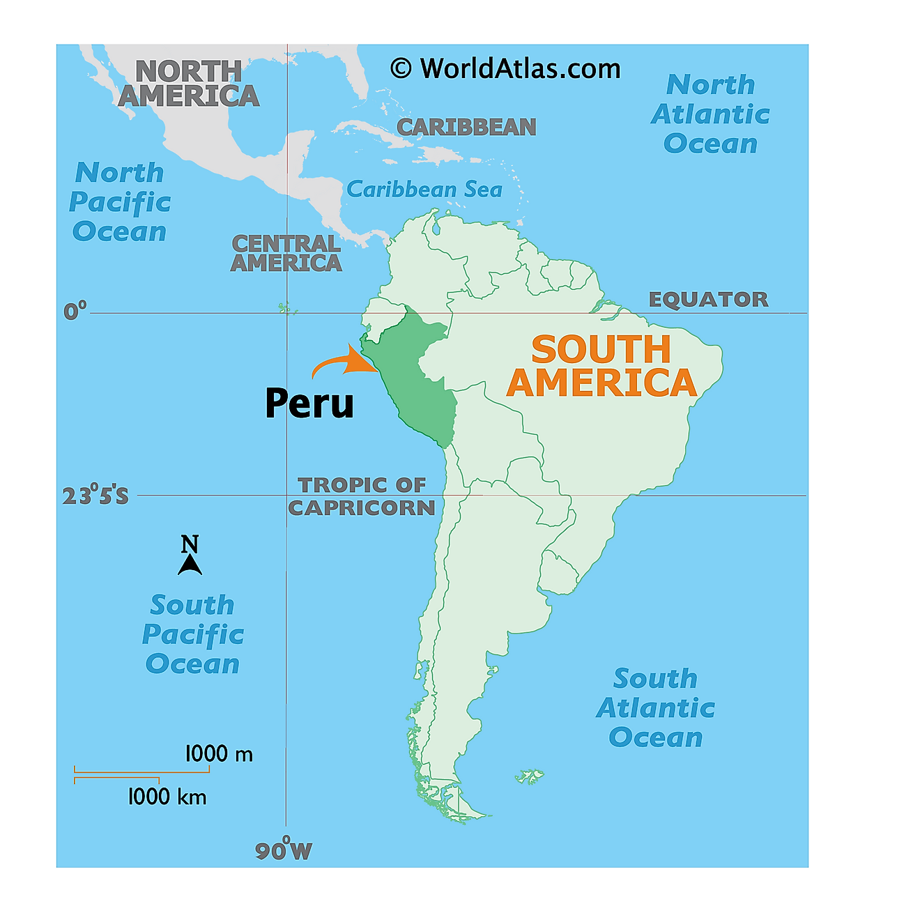 Map showing location of Peru in the world.
