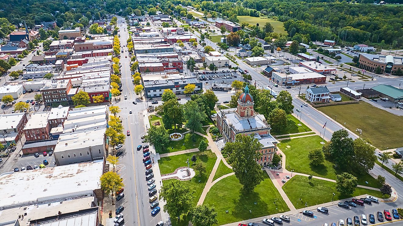 Aerial view of the Historic Courthouse and Downtown Goshen, Indiana.