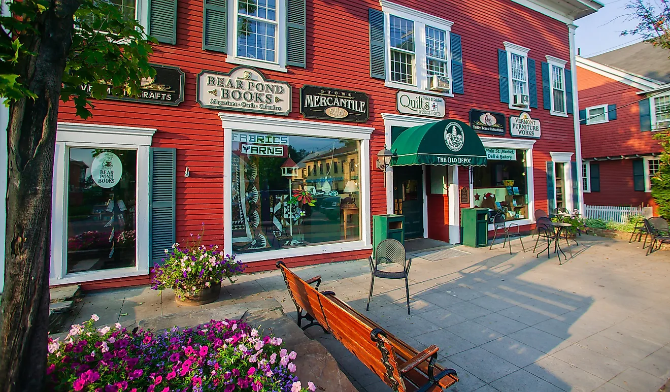 Late afternoon rural village stores scene in Stowe. Editorial credit: Don Landwehrle / Shutterstock.com