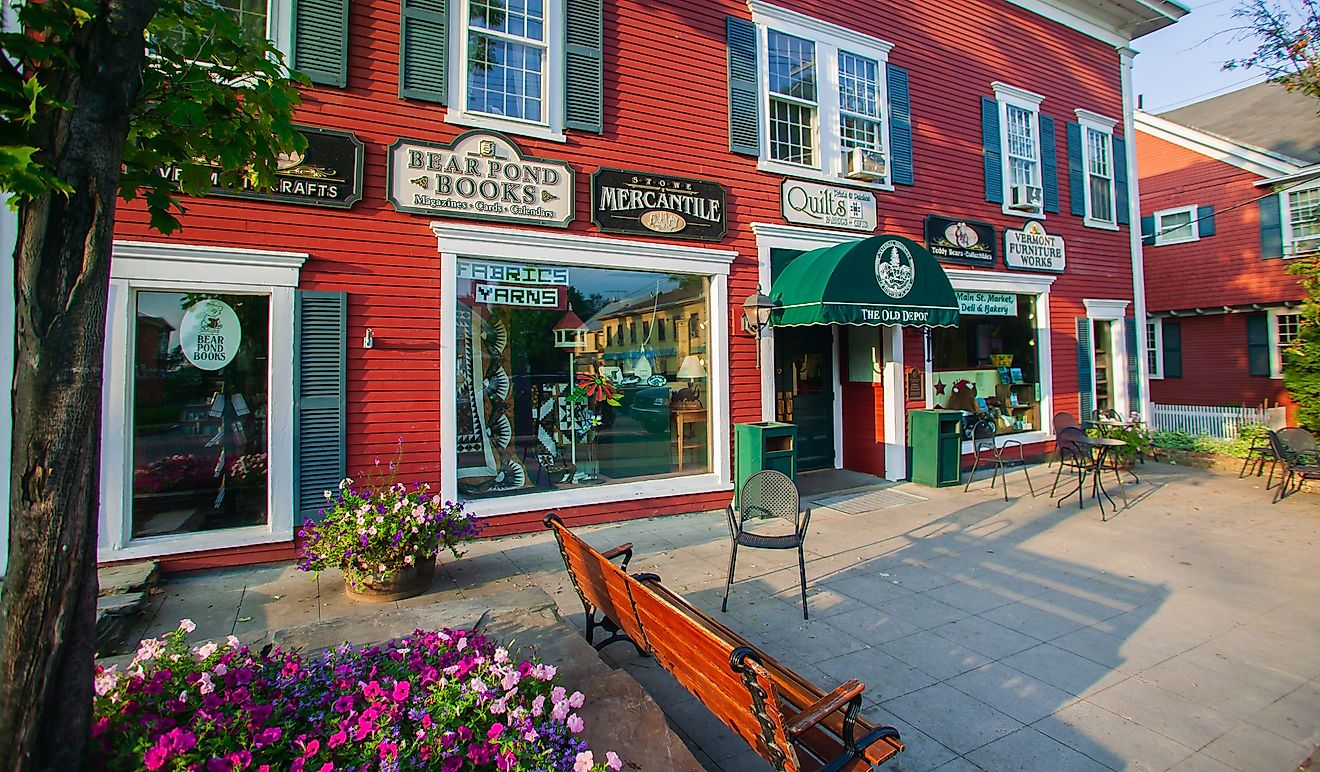 Late afternoon rural village stores scene in Stowe. Editorial credit: Don Landwehrle / Shutterstock.com