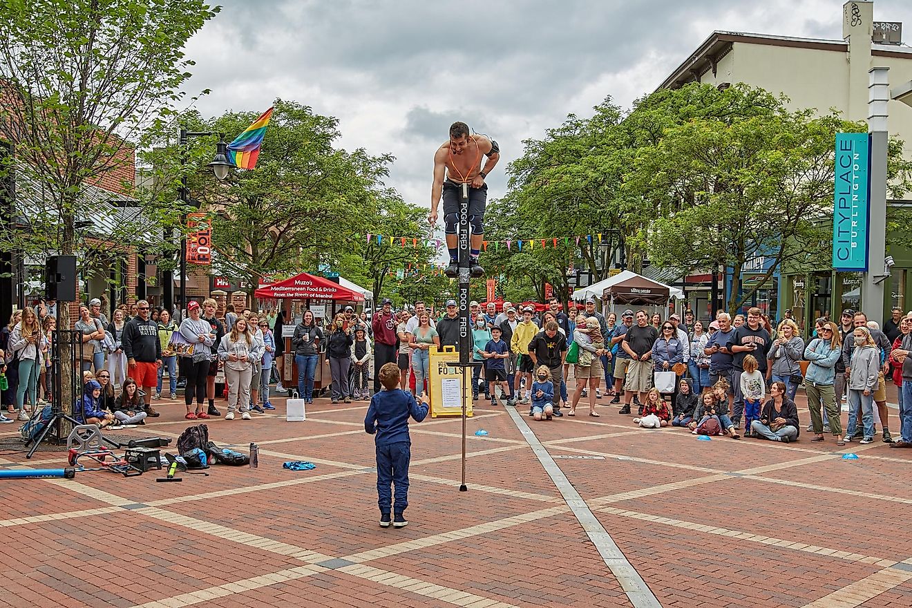 Pogo Fred with a participant at the Festival of Fool in Burlington, Vermont, via John Zegar / Shutterstock.com