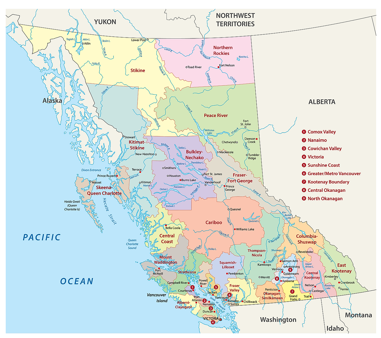 Administrative Map of British Columbia showing its various regional districts and its capital city - Victoria