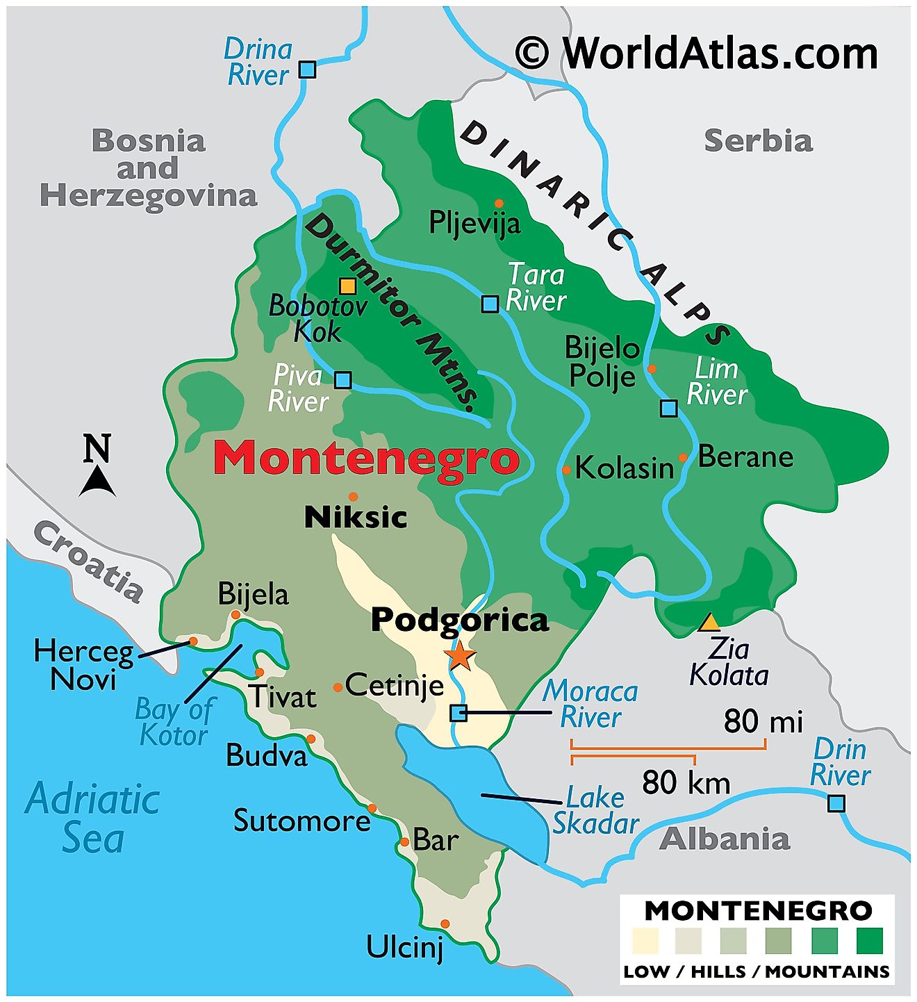 Physical Map of Montenegro showing relief, major mountain ranges, rivers, Lake Skadar, important cities, bordering countries, etc.