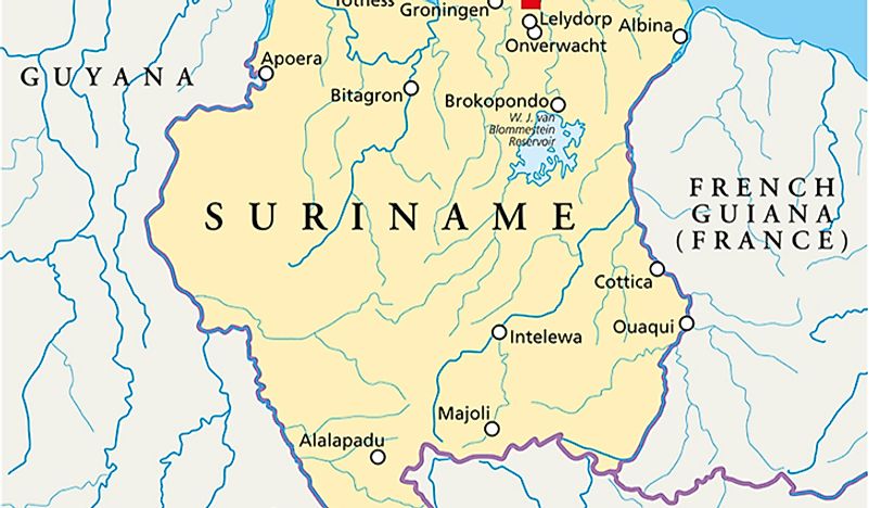Suriname's location within South America. 