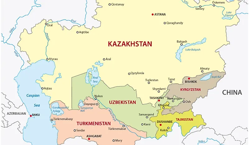 A map showing countries in Central Asia. 