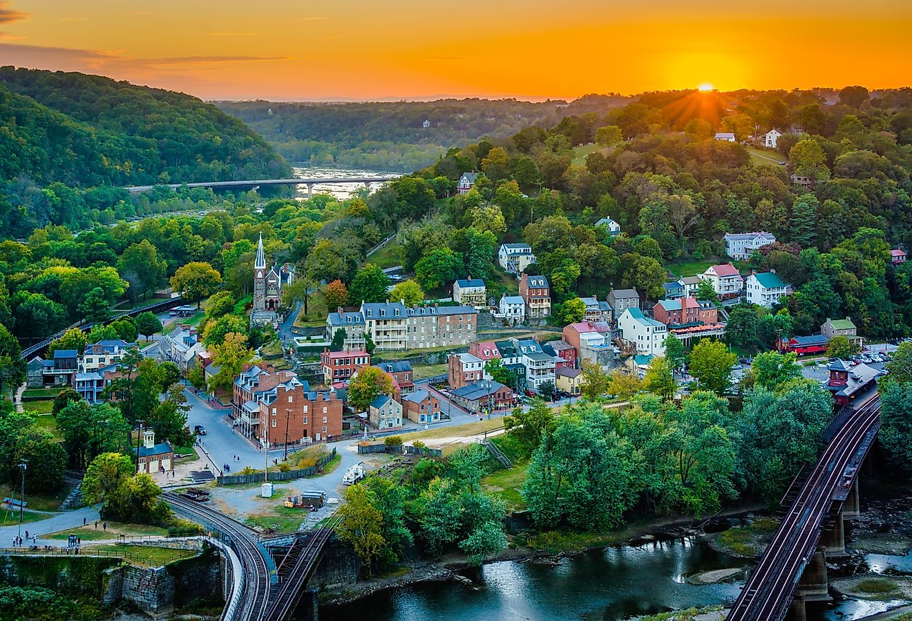 A sunset view from Maryland Heights, overlooking Harpers Ferry, West Virginia.