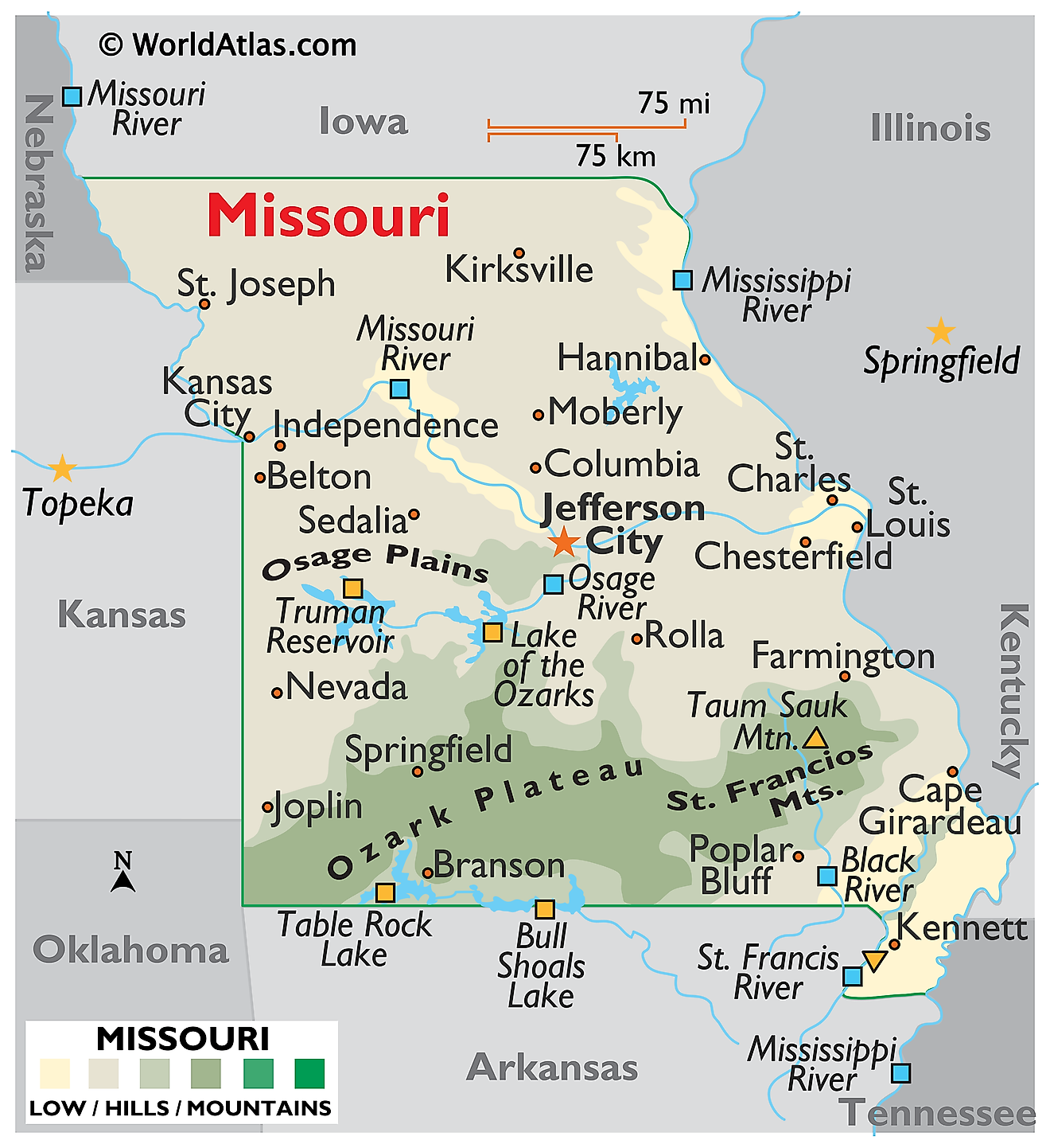 Mapa físico de Misuri. Muestra las características físicas de Missouri, incluidas sus cadenas montañosas, ríos y lagos principales.