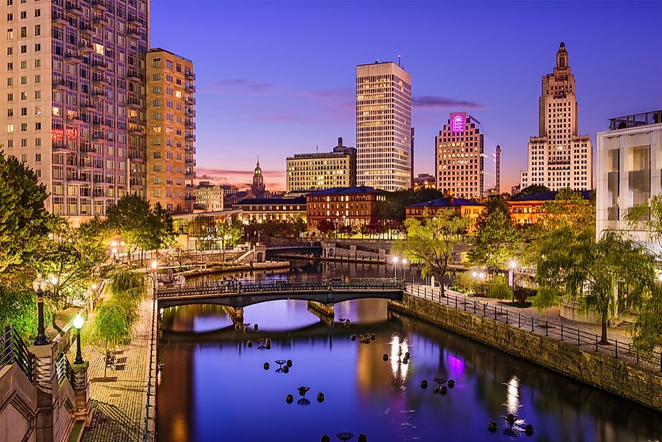 The evening skyline of Providence, Rhode Island.