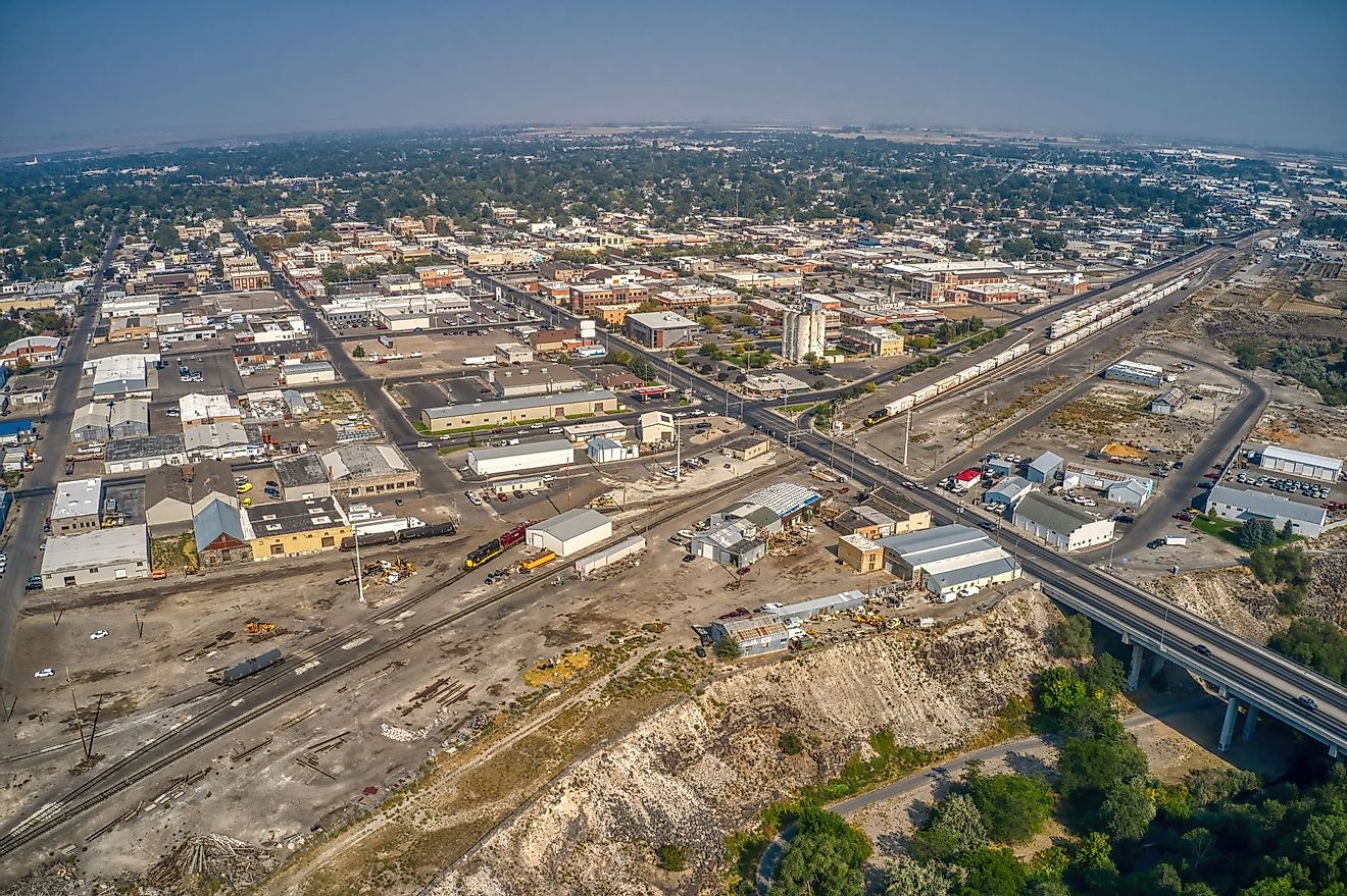 Aerial view of Twin Falls, Idaho on a hazy afternoon.