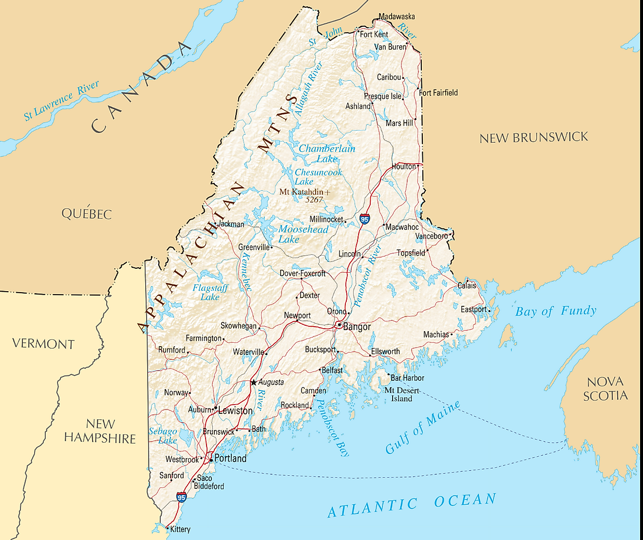 The US State of Maine Shares Its Borders With The US State of New Hampshire and The Canadian Provinces Of Quebec And New Brunswick.