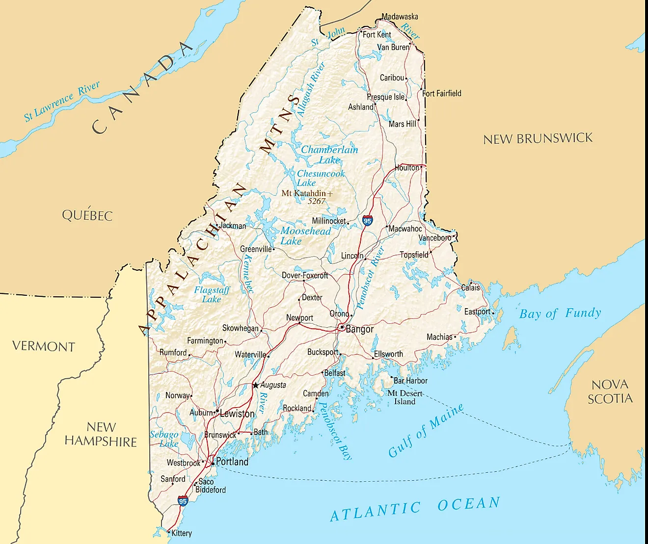 The US State of Maine Shares Its Borders With The US State of New Hampshire and The Canadian Provinces Of Quebec And New Brunswick.