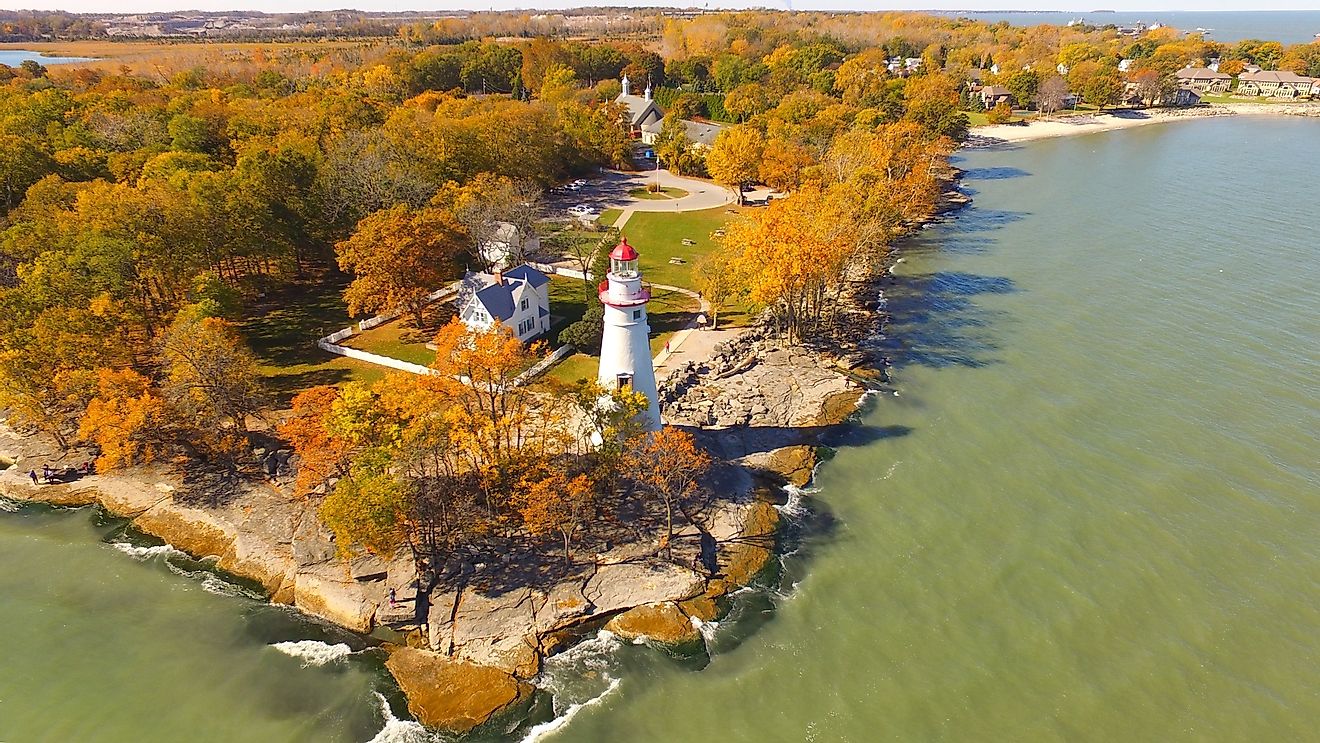 Beautiful aerial view of Marblehead Lighthouse in Marblehead Ohio. 