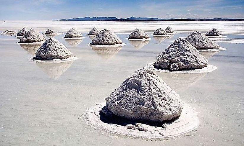 Salt harvesting in Salar de Uyuni, Bolivia, the world's largest salt flat.