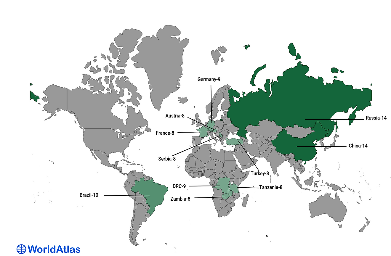 Countries bordering the most other countries (country name-number of bordering countries)