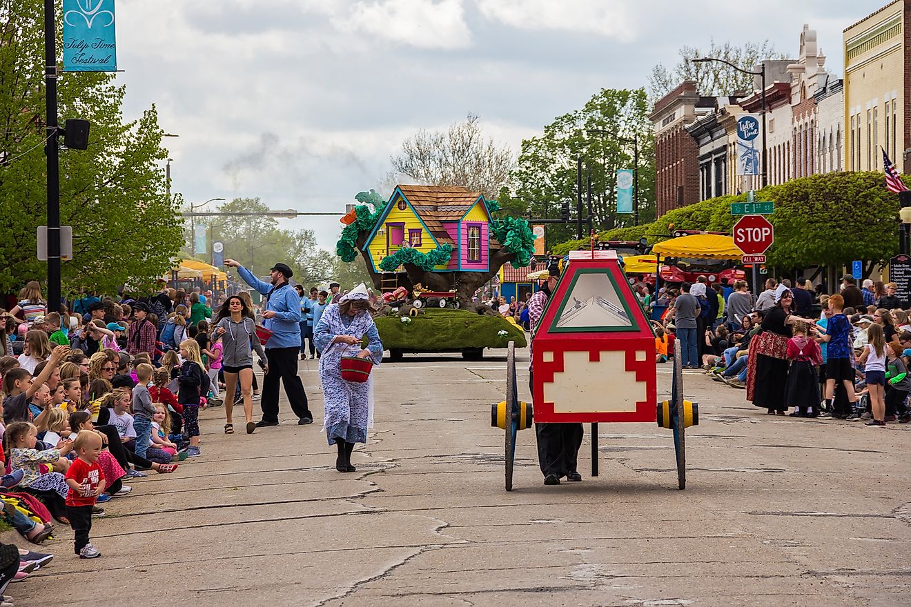 Tulip Time Festival Parade of Pella's Dutch community in Pella, Iowa, USA. Editorial credit: yosmoes815 / Shutterstock.com