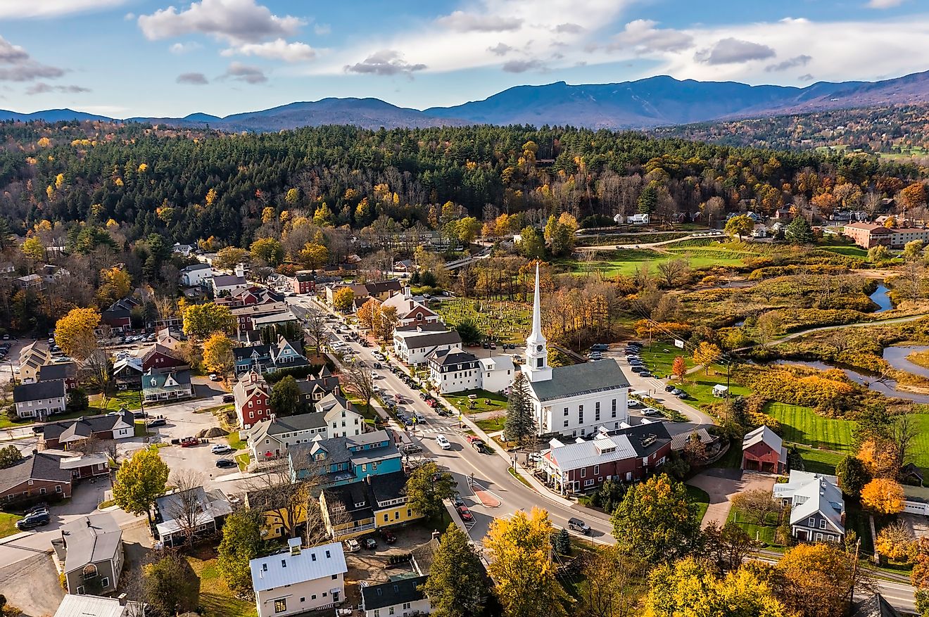 Aerial view of small charming ski town of Stowe, Vermont.