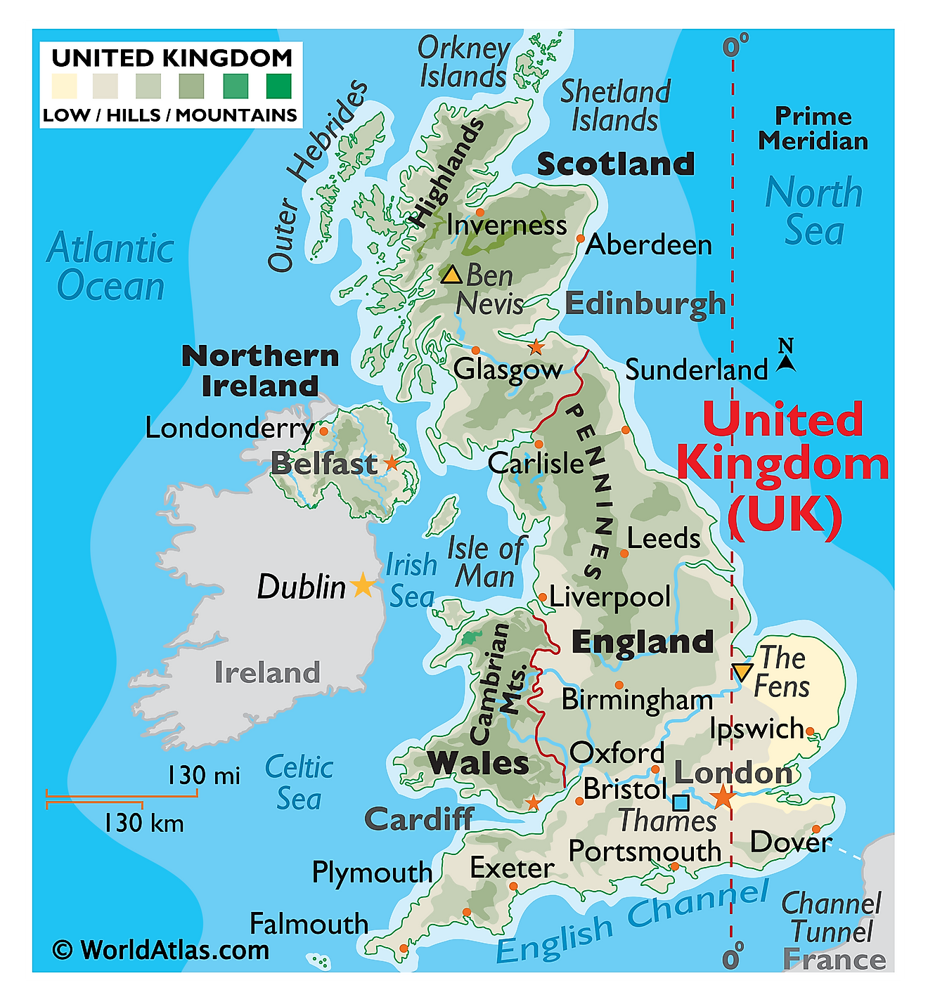 Mapa físico del Reino Unido que muestra el terreno, cadenas montañosas importantes, ríos, asentamientos, islas, etc.