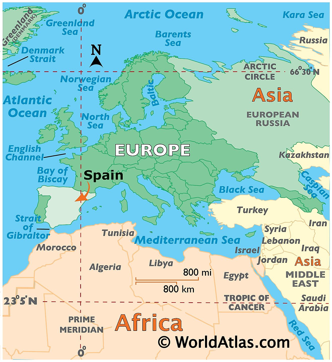 Mapa que muestra la ubicación de España en el mundo.