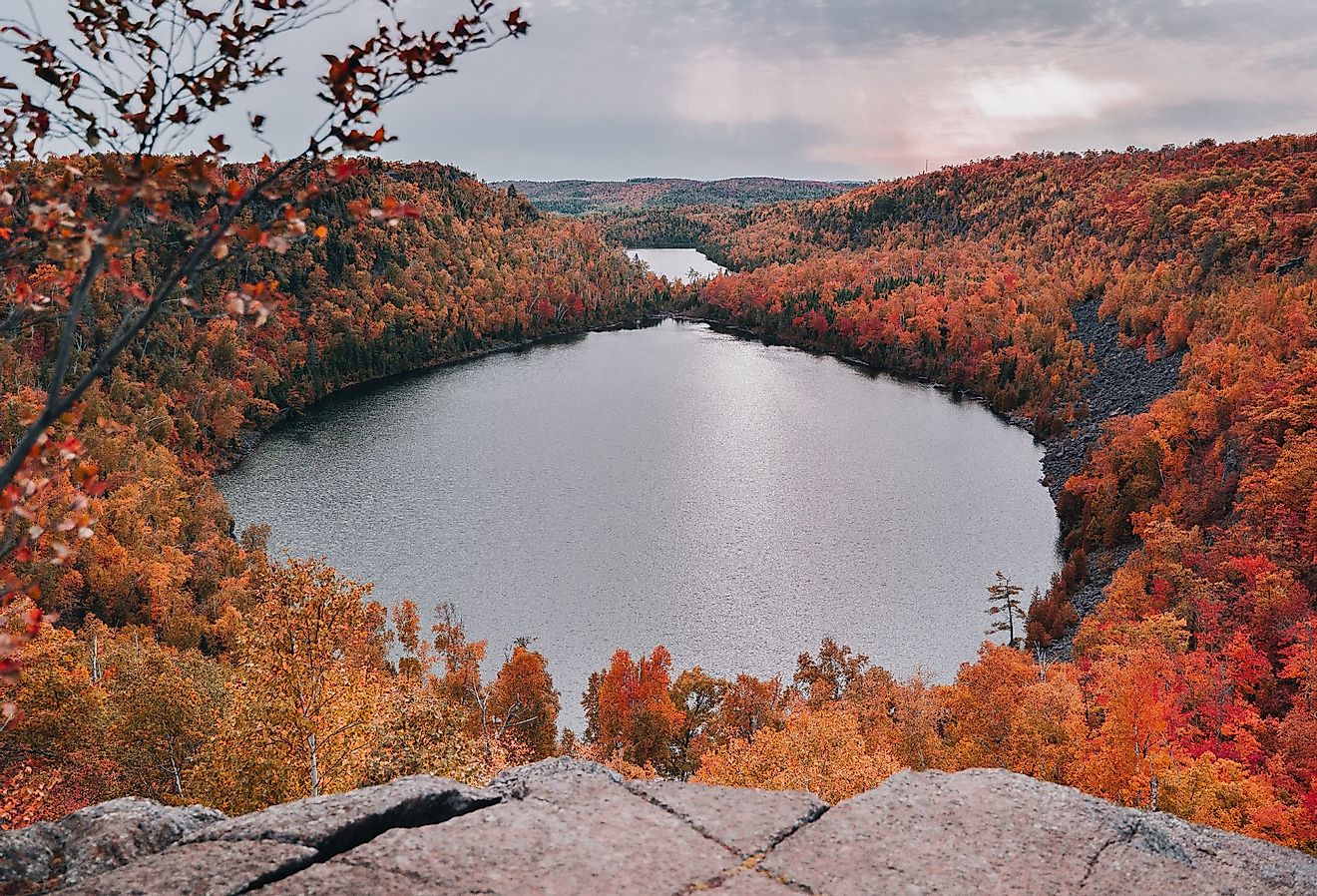 Superior hiking Trail in Minnesota in the fall overlooking Bean and Bear Lakes.