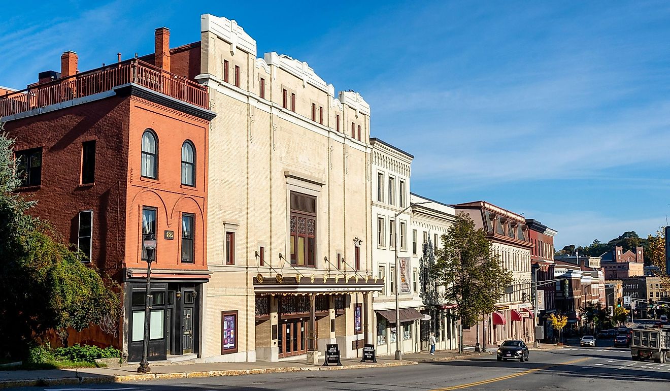 Three quarter view of the Penobscot Theatre Company on Main Street. Built in 1920 and is an early example of Art Deco and Egyptian Revival architecture in Bangor, Maine. Editorial credit: Brian Logan Photography / Shutterstock.com