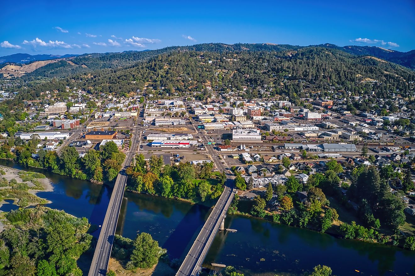 Aerial view of Roseburg, Oregon, in summer.