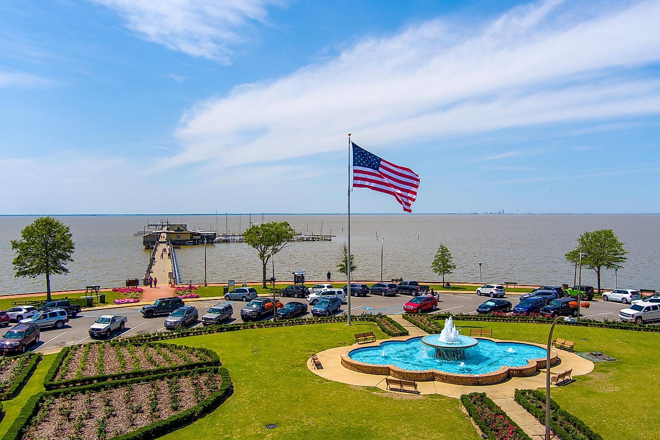 Aerial view of the Fairhope Municipal Pier on Mobile Bay, Alabama.