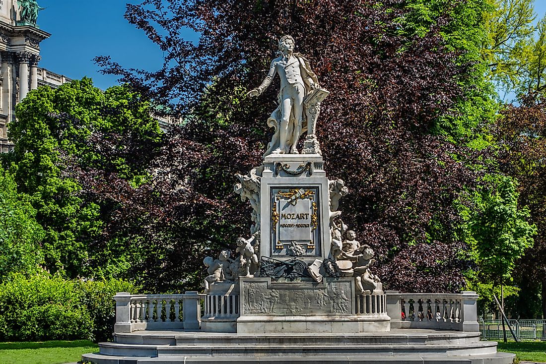Statue of Wolfgang Amadeus Mozart in Vienna's Burggarten park.