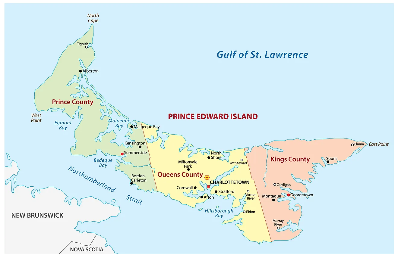 Administrative Map of Prince Edward Island showing its counties and its capital city - Charlottetown