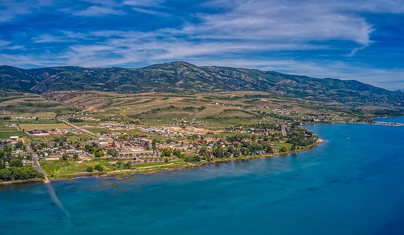Aerial View of Garden City, Utah on the shore of Bear Lake.