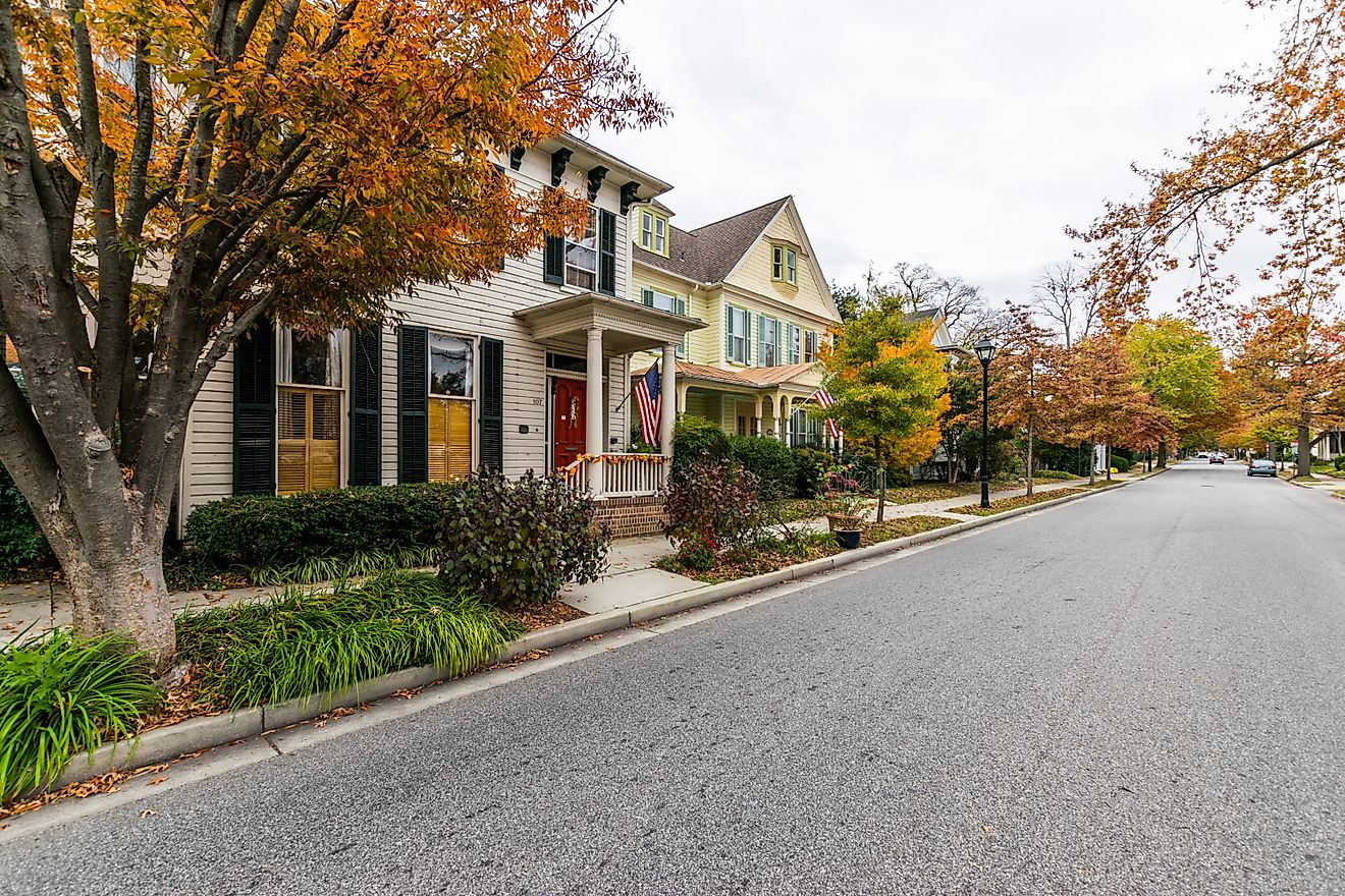 Downtown Easton during peak autumn colors in Maryland.