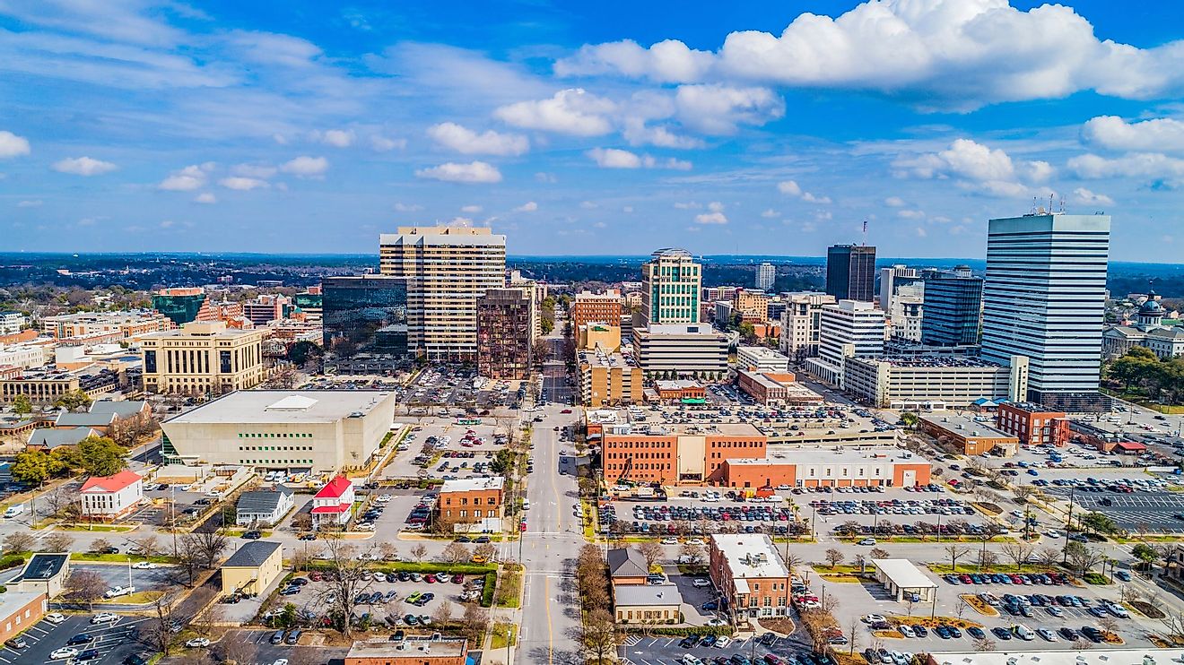 Drone aerial view of downtown Columbia, South Carolina.